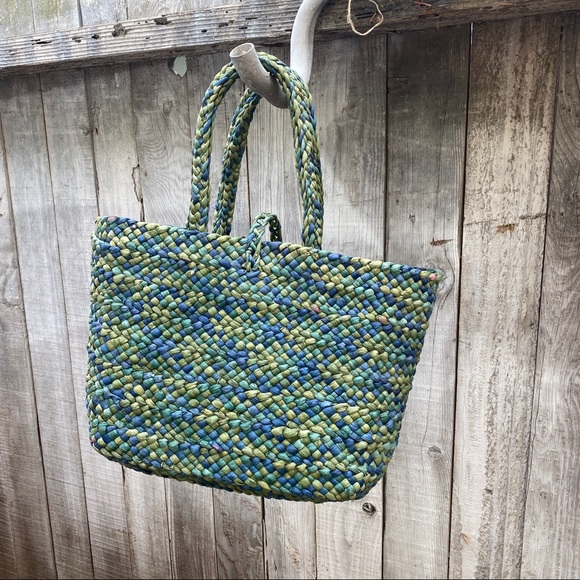 Vintage Wicker Woven Green Blue Beach Bag Purse - Picture 3 of 4